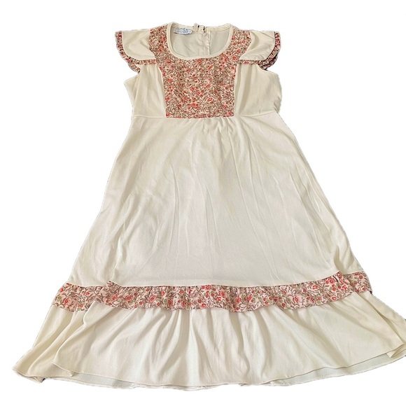 Vintage 70’s Peasant Dress Floral Cream w. Flutter Sleeves Prairie Western M - Picture 7 of 15